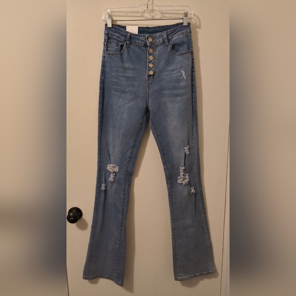 Womens Jeans Medium Blue Denim Flare Leg Button Fly Distressed Boot Cut Stretch